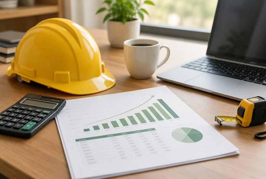 Escritorio con calculadora, casco y reporte trimestral