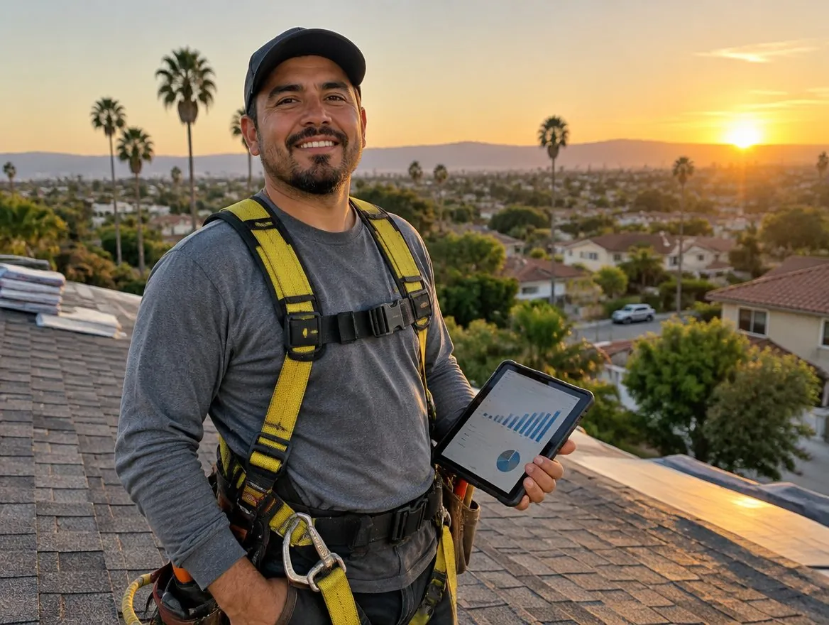 Roofer contratista revisando su reporte de ganancias