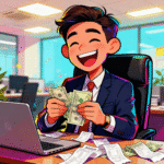 Dinero en efectivo y documentos financieros en oficina moderna hombre feliz.